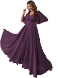 Women's Batwing Sleeve Chiffon Bridesmaid Dresses with Pockets V Neck Long Formal Evening Dress
