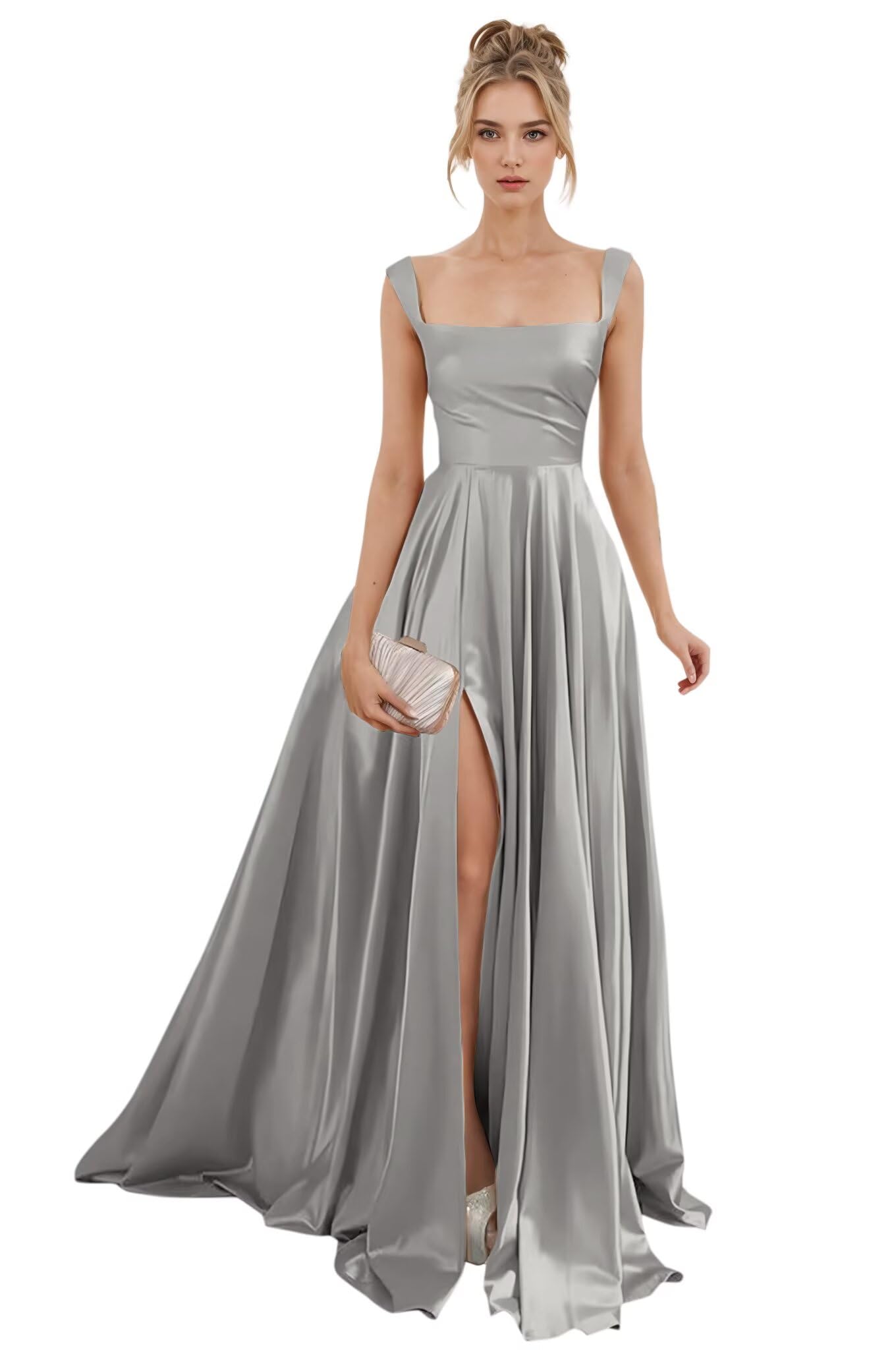 Spaghetti Straps Satin Bridesmaid Dresses for Women Long A-Line Square Neck Formal Evening Party Gown with Slit