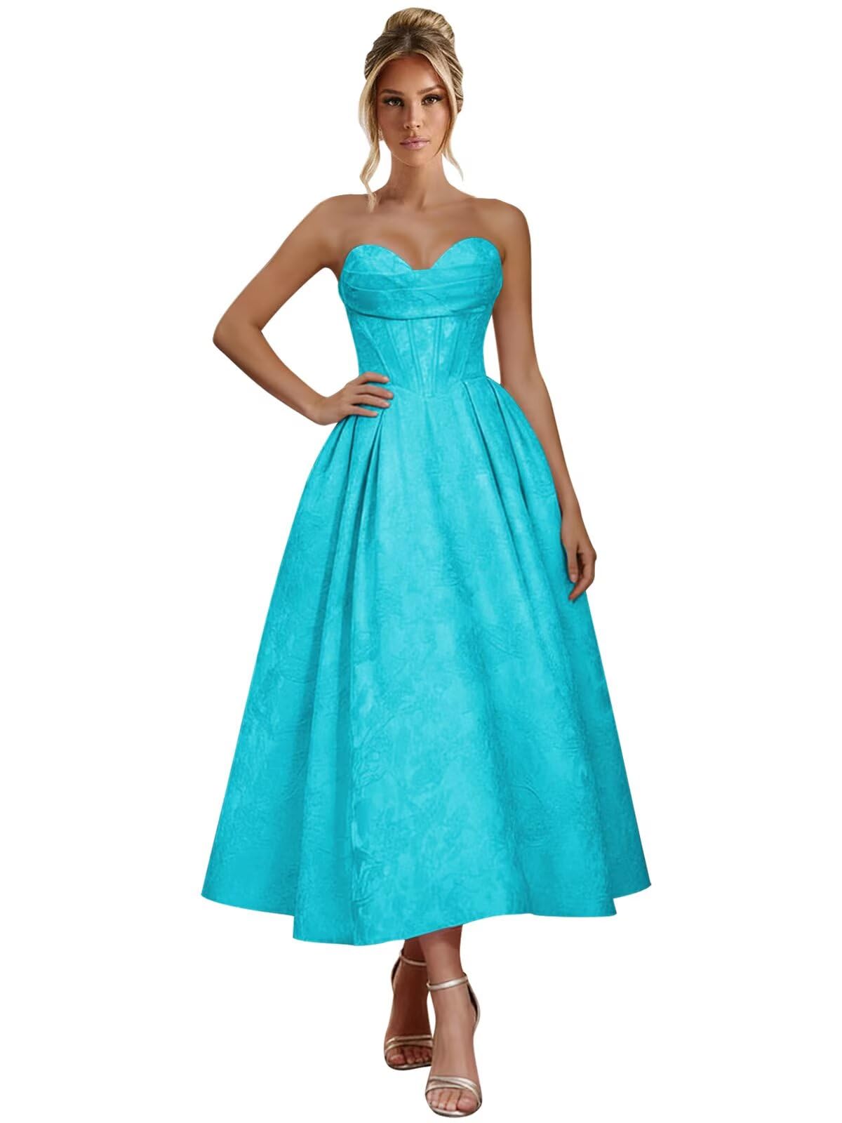 Jacquard Satin Prom Dresses for Women Strapless Tea Length Sweetheart Neck A-line Formal Party Dress with Pockets