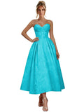 Jacquard Satin Prom Dresses for Women Strapless Tea Length Sweetheart Neck A-line Formal Party Dress with Pockets