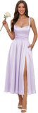 Jacquard Satin Bridesmaid Dresses for Women Spaghetti Straps A Line Tea Length Formal Dress