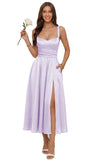 Jacquard Satin Bridesmaid Dresses for Women Spaghetti Straps A Line Tea Length Formal Dress