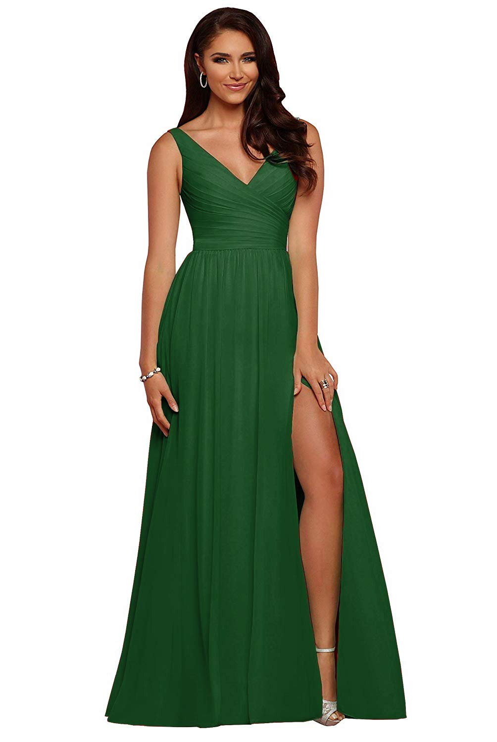 V Neck Chiffon Bridesmaid Dresses for Wedding 2027 Long Pleated Sleeveless Formal Prom Evening Gowns with Slit