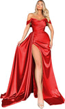 Women's Off Shoulder Mermaid Prom Dresses Long with Slit Pleates Wrap Satin Formal Evening Gowns
