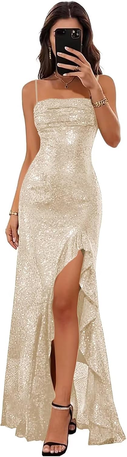Sparkly Sequin Spaghetti Straps Prom Dresses 2026 Long Ruffles Pleated Formal Evening Dress with Slit