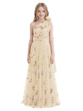 One Shoulder Long Tulle Junior Bridesmaid Dresses for Wedding Flower Girl Dress Formal Prom Gown