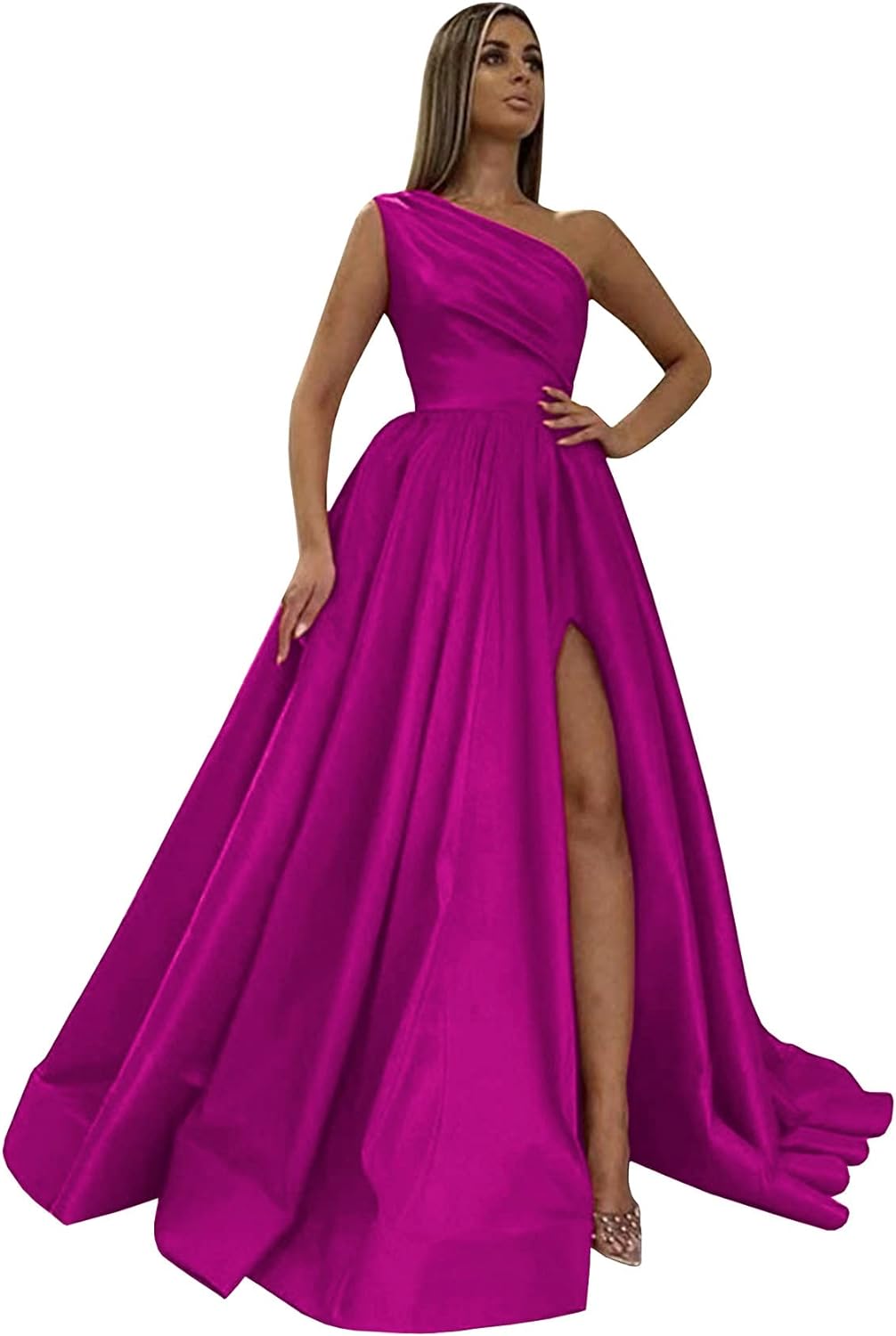 Women's One Shoulder Prom Dresses 2026 Long Slit Satin Formal Evening Gowns with Pockets