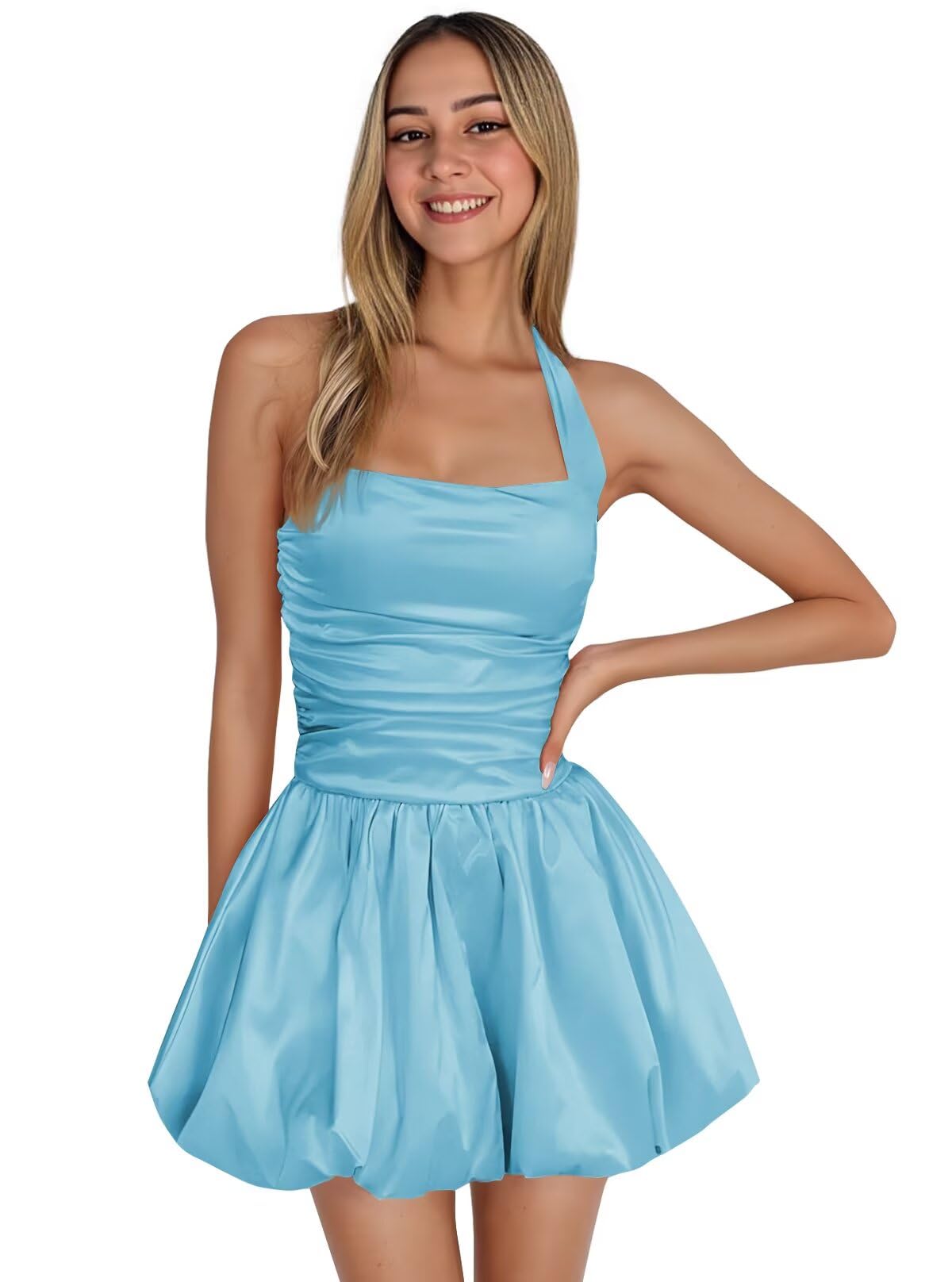 Satin Halter Homecoming Dresses for Teens Short Prom Dress 2027 Flower Bud Ruched Formal Cocktail Gown with Pockets