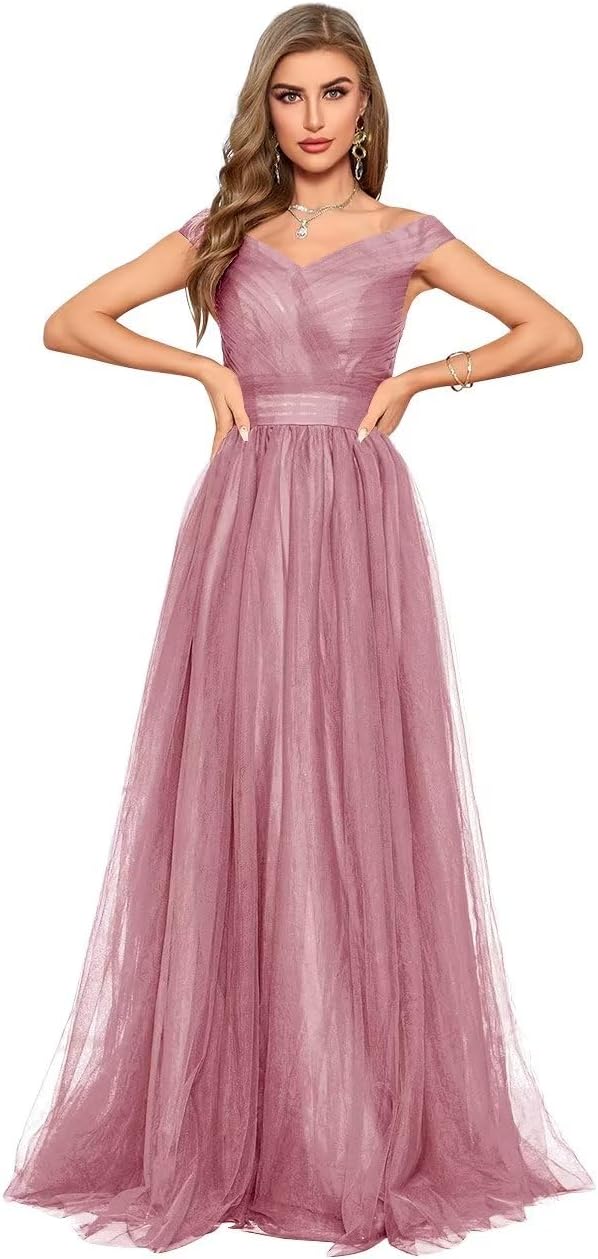 Schulterfreies Ballkleid, langes Ballkleid für Damen, A-Linie, Herzausschnitt, mehrlagiges Tüllkleid für Hochzeit, Abendparty 