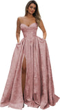 Strapless Prom Dress Jacquard Satin Ball Gown Pleated A Line Long Corset Formal Evening Dresses with Slit Pockets