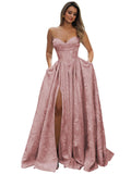 Strapless Prom Dress Jacquard Satin Ball Gown Pleated A Line Long Corset Formal Evening Dresses with Slit Pockets