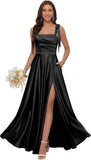 Satin Bridesmaid Dresses with Slit Spaghetti Straps Square Neck Long Formal Dress