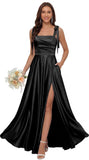 Satin Bridesmaid Dresses with Slit Spaghetti Straps Square Neck Long Formal Dress