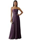 Strapless Prom Dresses for Women Long A Line Cocktail Dress Pleated Chiffon Formal Wedding Guest Dress