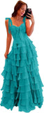 Tiered Prom Dresses with Bow Long A-Line Chiffon Formal Evening Dress for Women Spaghetti Straps Slit Ball Gown