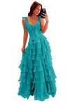 Tiered Prom Dresses with Bow Long A-Line Chiffon Formal Evening Dress for Women Spaghetti Straps Slit Ball Gown