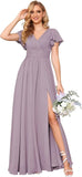 Flutter Sleeves Split Bridesmaid Dresses with Slit Long V Neck Empire Waist Formal Dress for Women Wedding