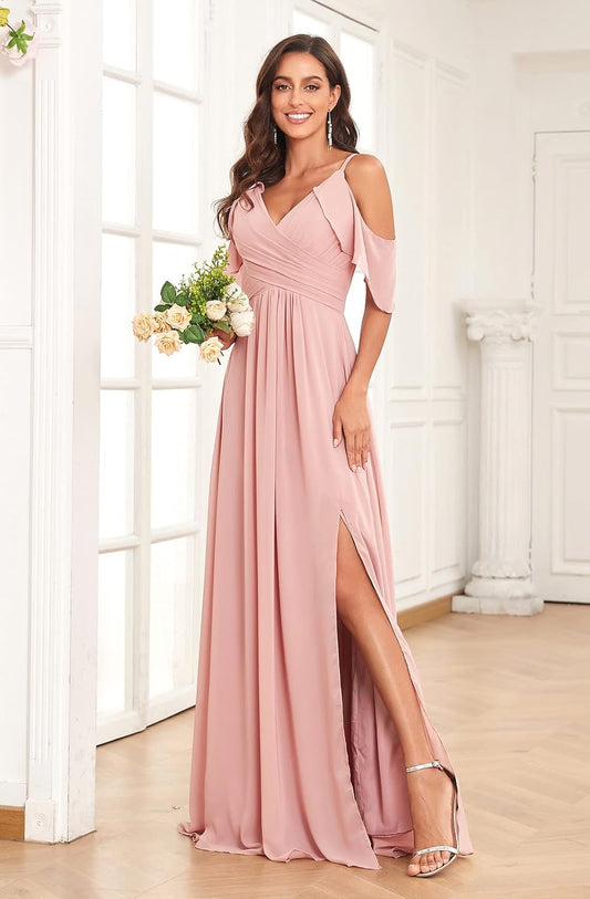 Women's Off The Shoulder Bridesmaid Dresses Long Slit Ruched Chiffon Formal Evening Gowns