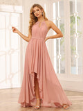 Damen Neckholder Brautjungfernkleider Lang mit Taschen High-Low Falten Formelles Kleid für Hochzeit 