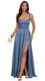 Jacquard Satin Prom Dresses with Slit Spaghetti Straps A Line Maxi Long Formal Dress