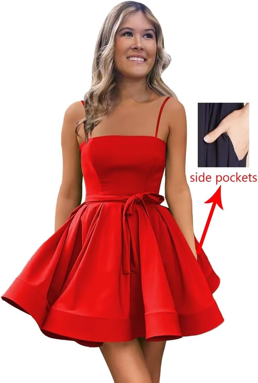 Women’s Short Satin Spaghetti Straps Formal Homecoming Dresses A Line Corset Puffy Prom Gown with Pockets for Teens