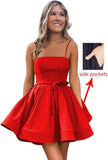Women’s Short Satin Spaghetti Straps Formal Homecoming Dresses A Line Corset Puffy Prom Gown with Pockets for Teens