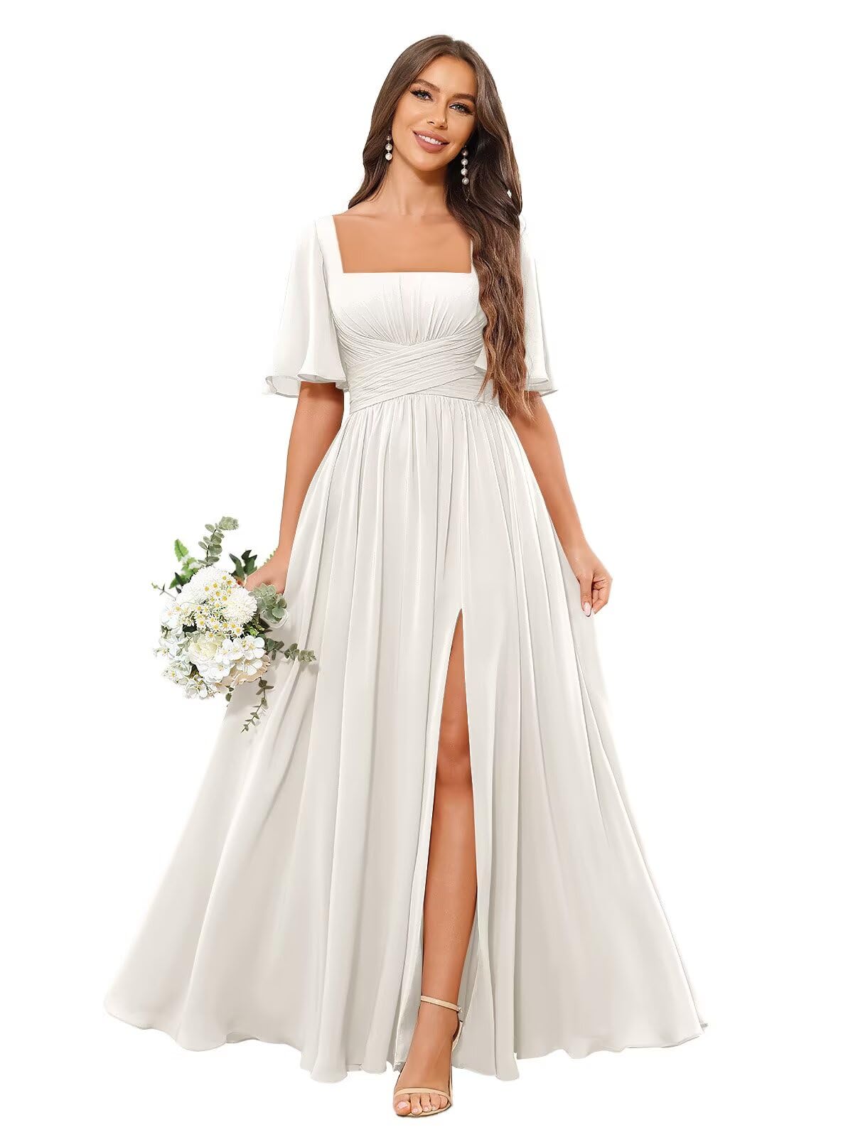 Square Neck Bridesmaid Dresses with Slit Pockets Flutter Sleeve Long Chiffon Formal Wedding Guest Dress
