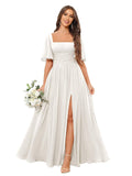 Square Neck Bridesmaid Dresses with Slit Pockets Flutter Sleeve Long Chiffon Formal Wedding Guest Dress