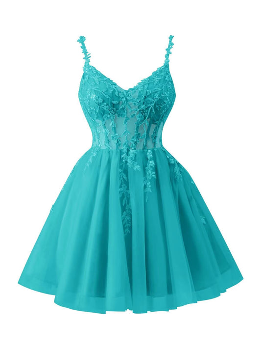 Tulle Lace Applique Homecoming Dresses for Teens Beaded Spaghetti Straps Mini Cocktail Party Prom Formal Dress