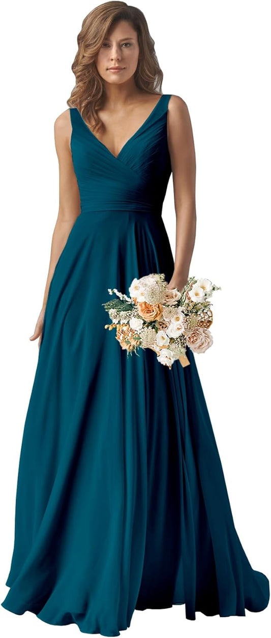 Chiffon Bridesmaid Dresses Long for Women A Line Ruched Formal Porm Evening Gowns