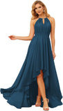 Damen Neckholder Brautjungfernkleider Lang mit Taschen High-Low Falten Formelles Kleid für Hochzeit 