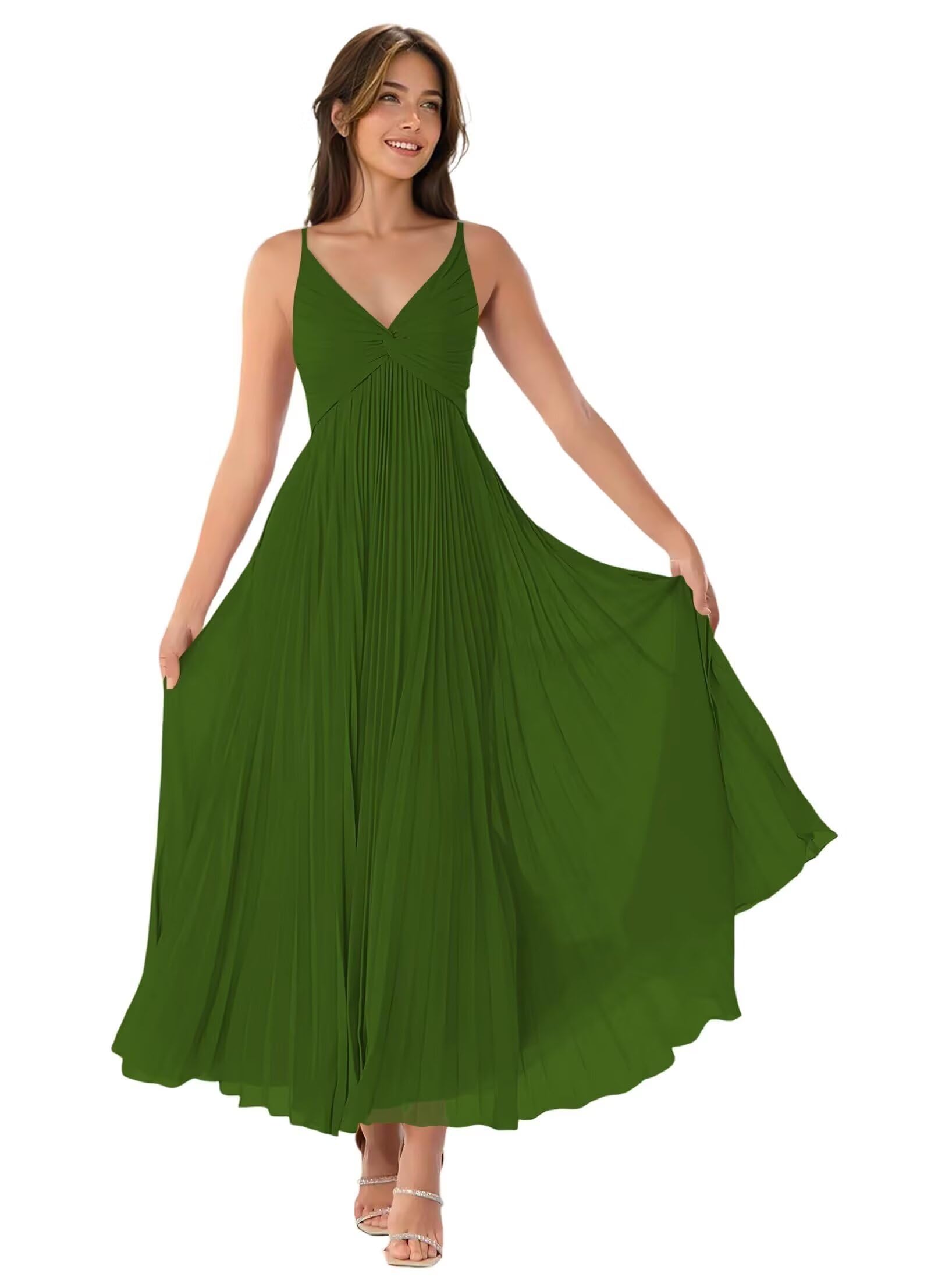 V-Neck Pleated Bridesmaid Dresses for Women Chiffon Spaghetti Straps Pleates Long Formal Wedding Guest Dress