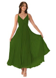 V-Neck Pleated Bridesmaid Dresses for Women Chiffon Spaghetti Straps Pleates Long Formal Wedding Guest Dress