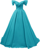 Off Shoulder Satin Prom Dresses for Women V-Neck Elegant A-Line Long Pleated Formal Evening Gown