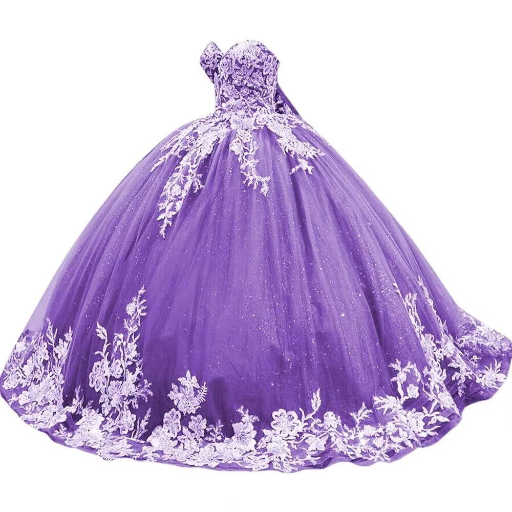 Sparkly Tulle Sweet 15 16 Quinceanera Dress Lace 3D Floral Ball Gown Strapless Puffy Prom Formal Gown