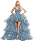 Puffy Sequins Tulle High-Low Prom Dresses for Women 2027, Glitter V Neck Formal Ball Gown Wedding Party Dress