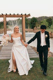 Trägerloses Ballkleid, langes Ballkleid, Satin-Brautkleid für die Braut, A-Linie, formelle Abendkleider mit Schlitz 