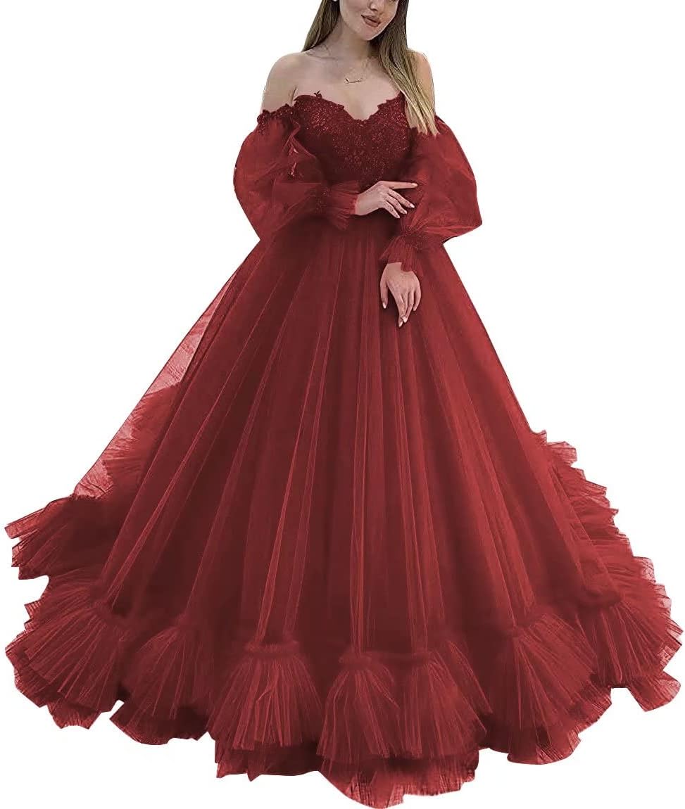 Off Shoulder Lace Appliques Ball Gown Quinceanera Dresses Long Sleeve Wedding Dress Bridal Gowns