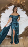 Off Shoulder Satin Bridesmaid Dresses Long Formal Gown for Wedding Ruched Prom Dress with Slit