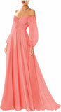 Vestido de fiesta con hombros descubiertos, manga larga, estilo formal, plisado, corte A, para mujer
