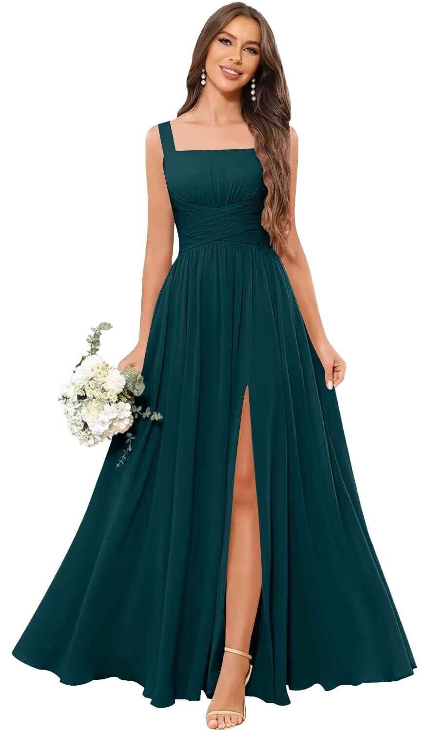 Kingbridal Chiffon A-line Bridesmaid Dresses for Women 2027 Long Square Neck Pleated Formal Evening Party Dress with Slit
