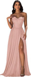 Strapless Prom Dress with Slit Satin A Line Long Ball Gowns for Women Sweetheart Corset Formal Dress with Pockets
