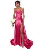 Lace Satin Prom Dresses for Women 2026 Long Mermaid Spaghetti Straps Corset Formal Evening Party Dress with Slit