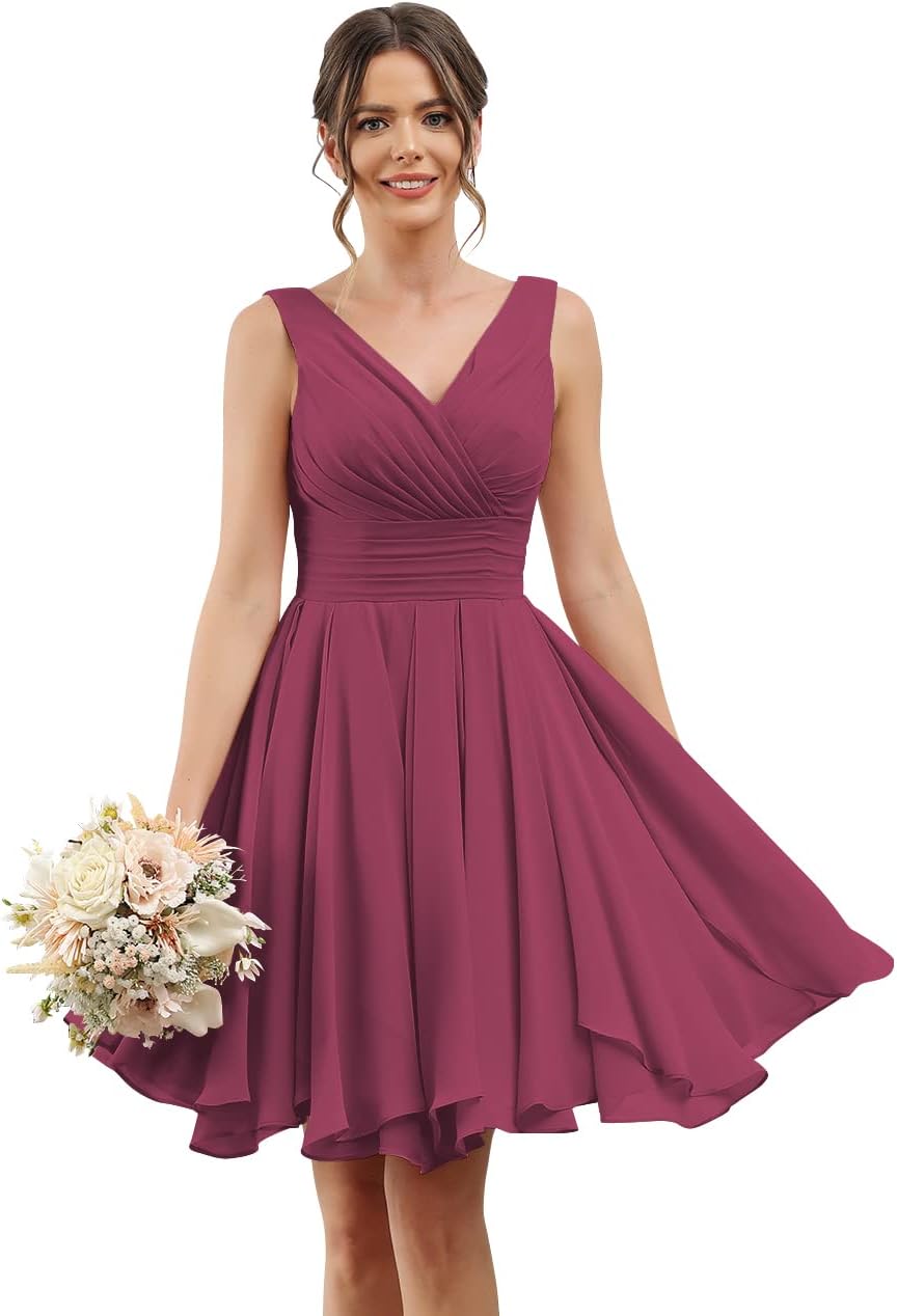 Double V Neck Short Bridesmaid Dresses for Women 2025 Chiffon A Line Formal Evening Gowns with Pockets