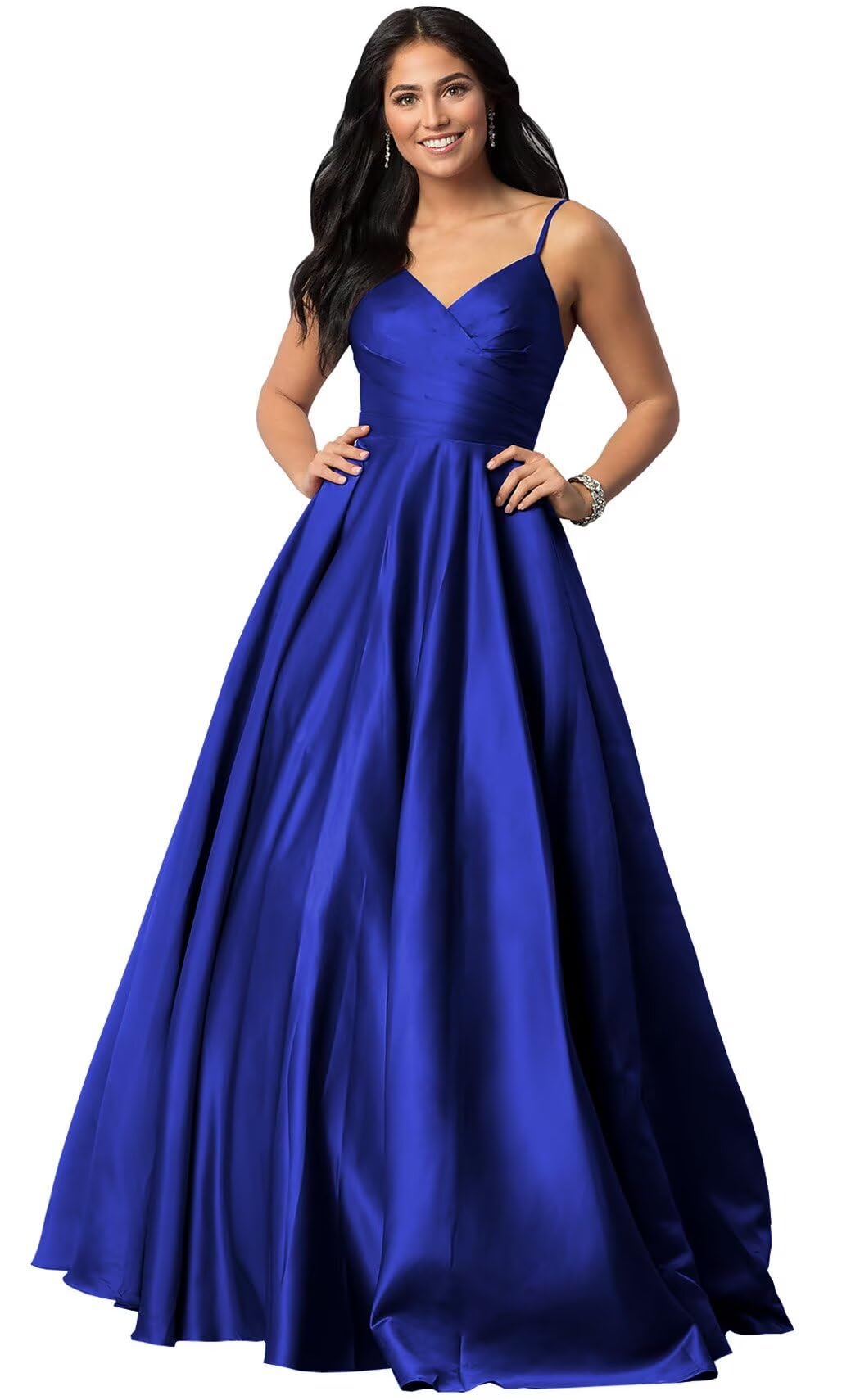 Spaghetti Straps Satin Prom Dresses for Women Long with Pockets Pleated Formal Evening Gowns