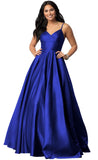 Spaghetti Straps Satin Prom Dresses for Women Long with Pockets Pleated Formal Evening Gowns