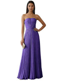 Strapless Prom Dresses for Women Long A Line Cocktail Dress Pleated Chiffon Formal Wedding Guest Dress