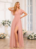 V Neck Bridesmaid Dresses for Women with Slit 2025 Flutter Sleeve Chiffon Pleats Formal Dress with Pockets