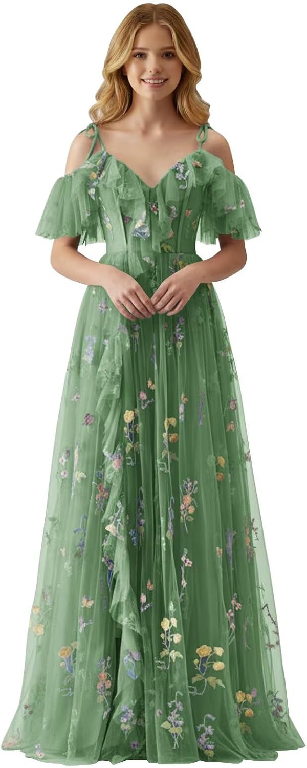 Fairy Tulle Junior Bridesmaid Dresses for Teen Girls Long Flower Embroidery Formal Prom Flower Girl Dress Gown with Slit