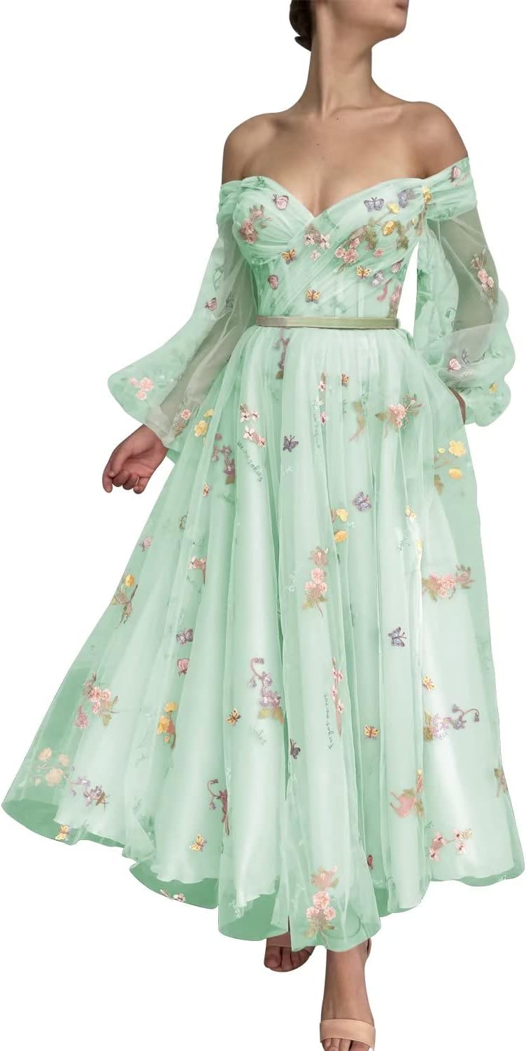 Vestidos de fiesta de tul con bordado de flores para mujer, 2024, largos, con hombros descubiertos, formales, para noche 